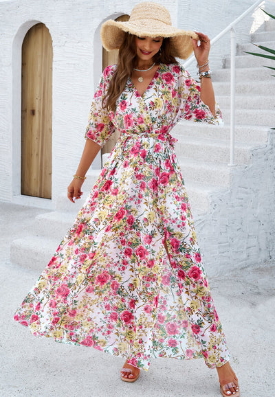 Floral V-Neck Maxi Dress with Waist Tie