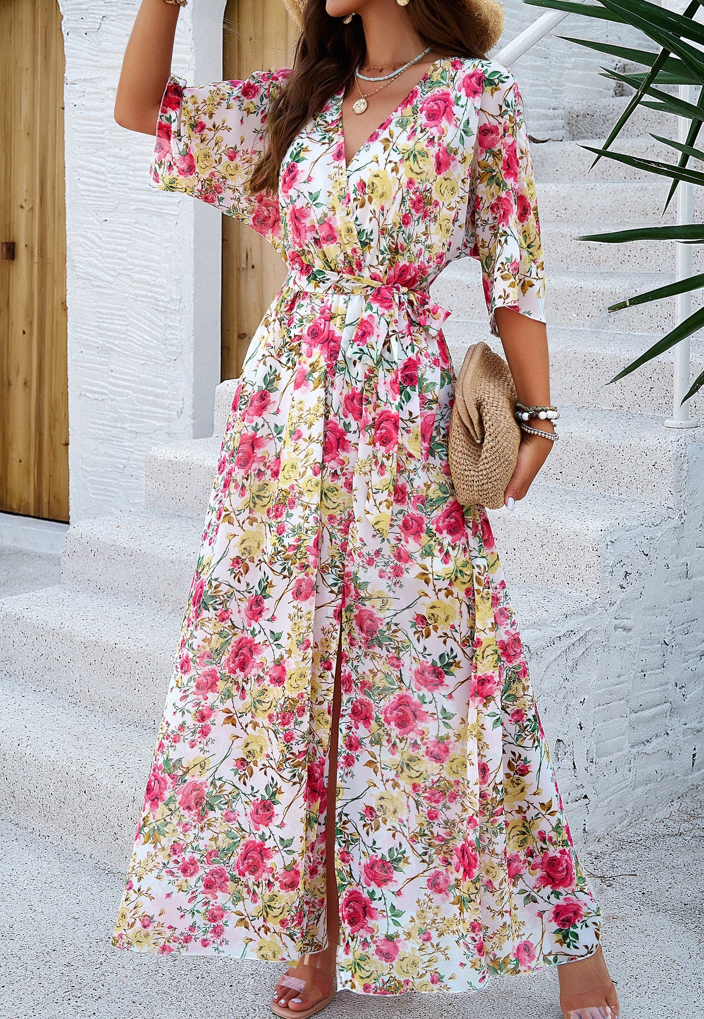 Floral V-Neck Maxi Dress with Waist Tie