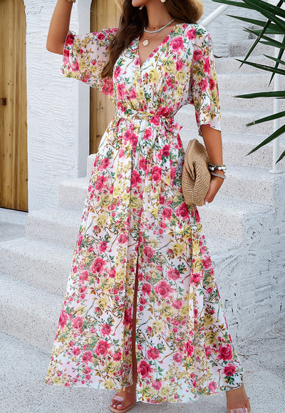 Floral V-Neck Maxi Dress with Waist Tie