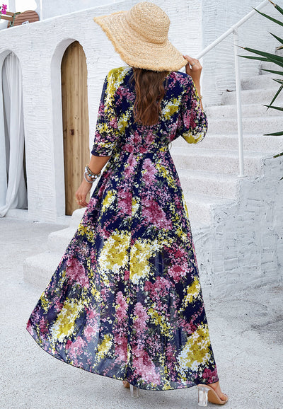 Floral V-Neck Maxi Dress with Waist Tie