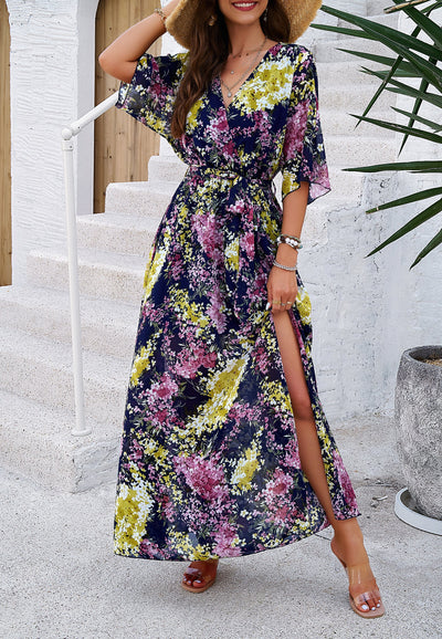 Floral V-Neck Maxi Dress with Waist Tie