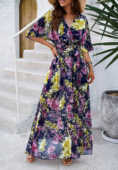 Floral V-Neck Maxi Dress with Waist Tie