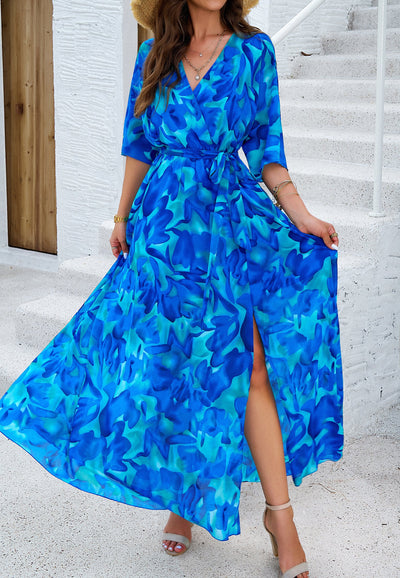 Floral V-Neck Maxi Dress with Waist Tie