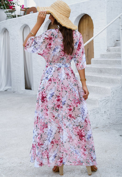 Floral V-Neck Maxi Dress with Waist Tie