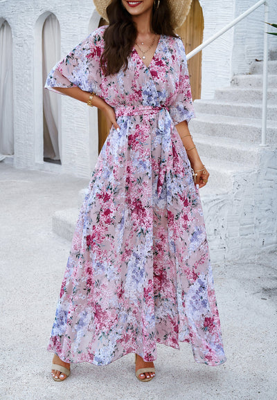 Floral V-Neck Maxi Dress with Waist Tie