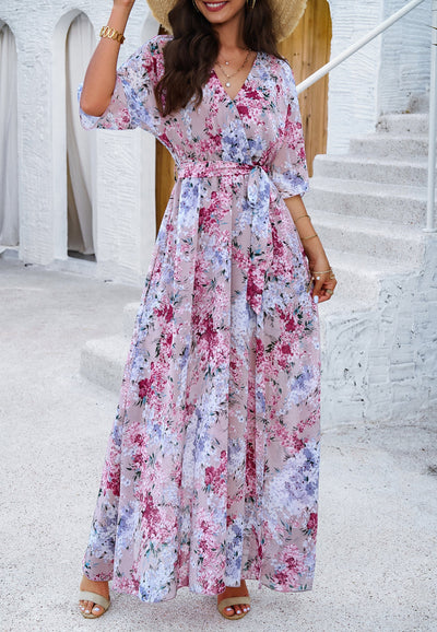 Floral V-Neck Maxi Dress with Waist Tie