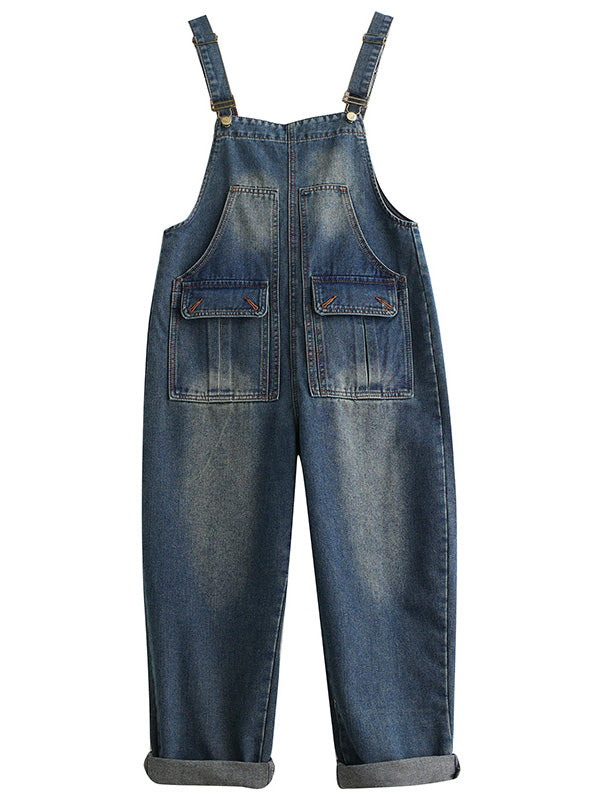 Washed Relaxed Fit Cropped Denim Overalls with Front Button Pockets