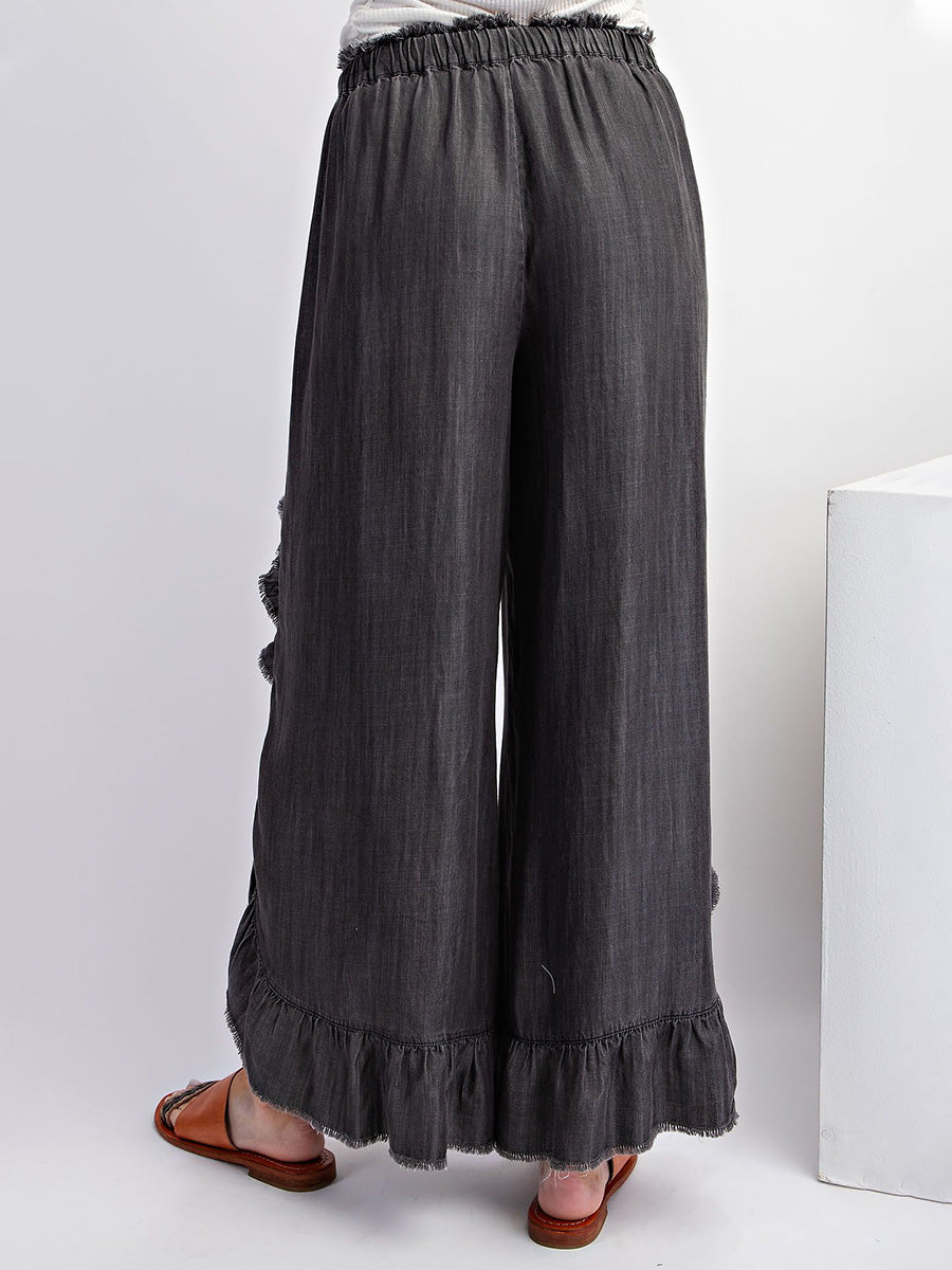 Loose Fit Drawstring Ruffle Wide Leg Denim Pants