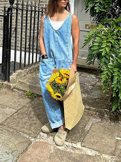 V-neck Suspender Denim Jumpsuit