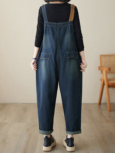 Women's Contrast Washed Denim Overalls