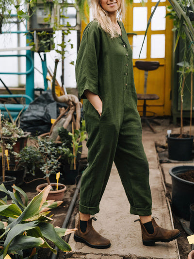 Women's Button Up Half Sleeve V Neck Cotton and Linen Jumpsuit