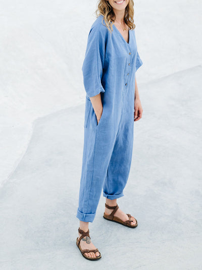 Women's Button Up Half Sleeve V Neck Cotton and Linen Jumpsuit