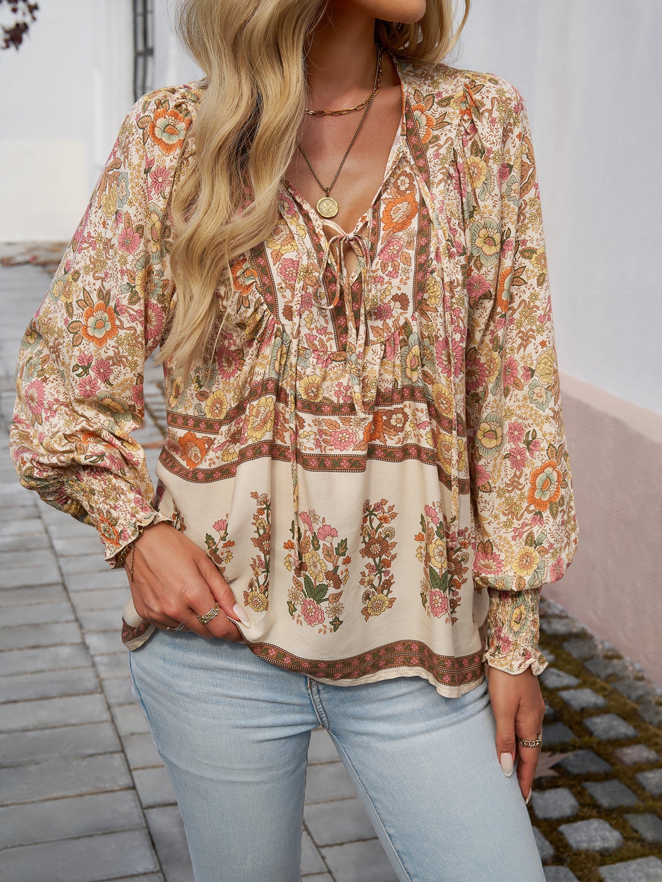Boho Floral Print Tie-Neck Blouse