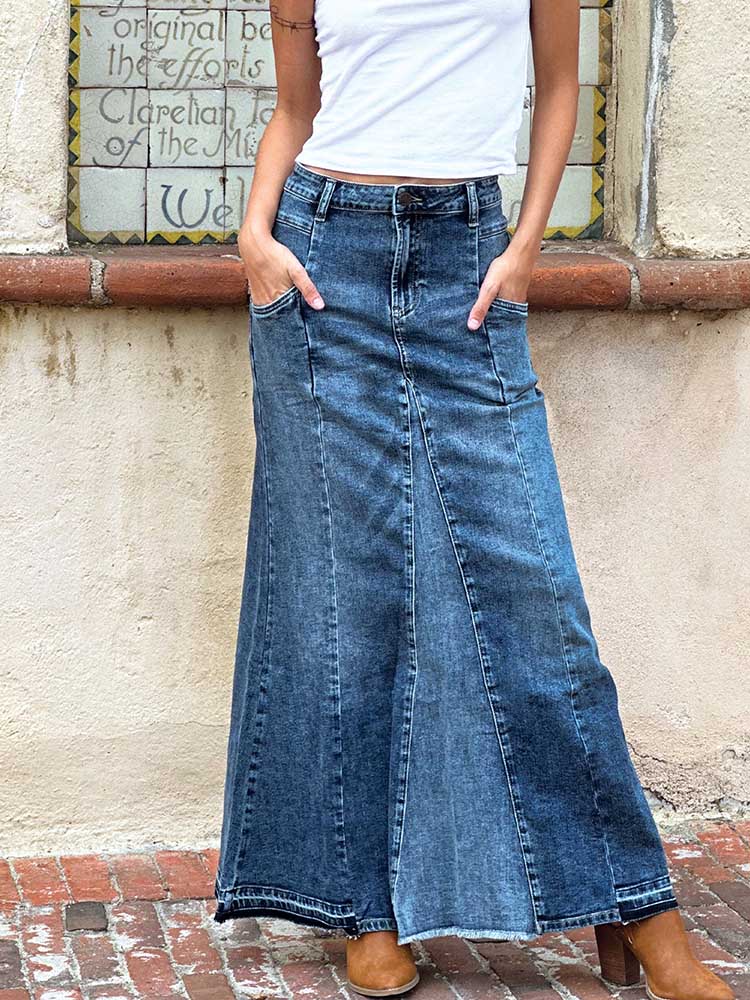 Jupe longue en jean extensible et amincissante à coupe trapèze
