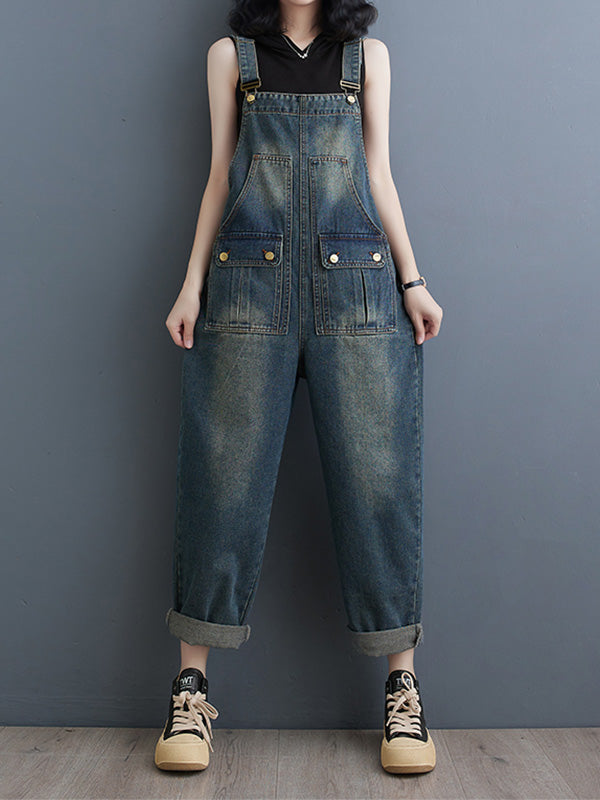 Washed Relaxed Fit Cropped Denim Overalls with Front Button Pockets