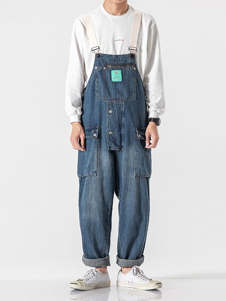 Distressed Denim Suspenders Multi-Pocket Overalls
