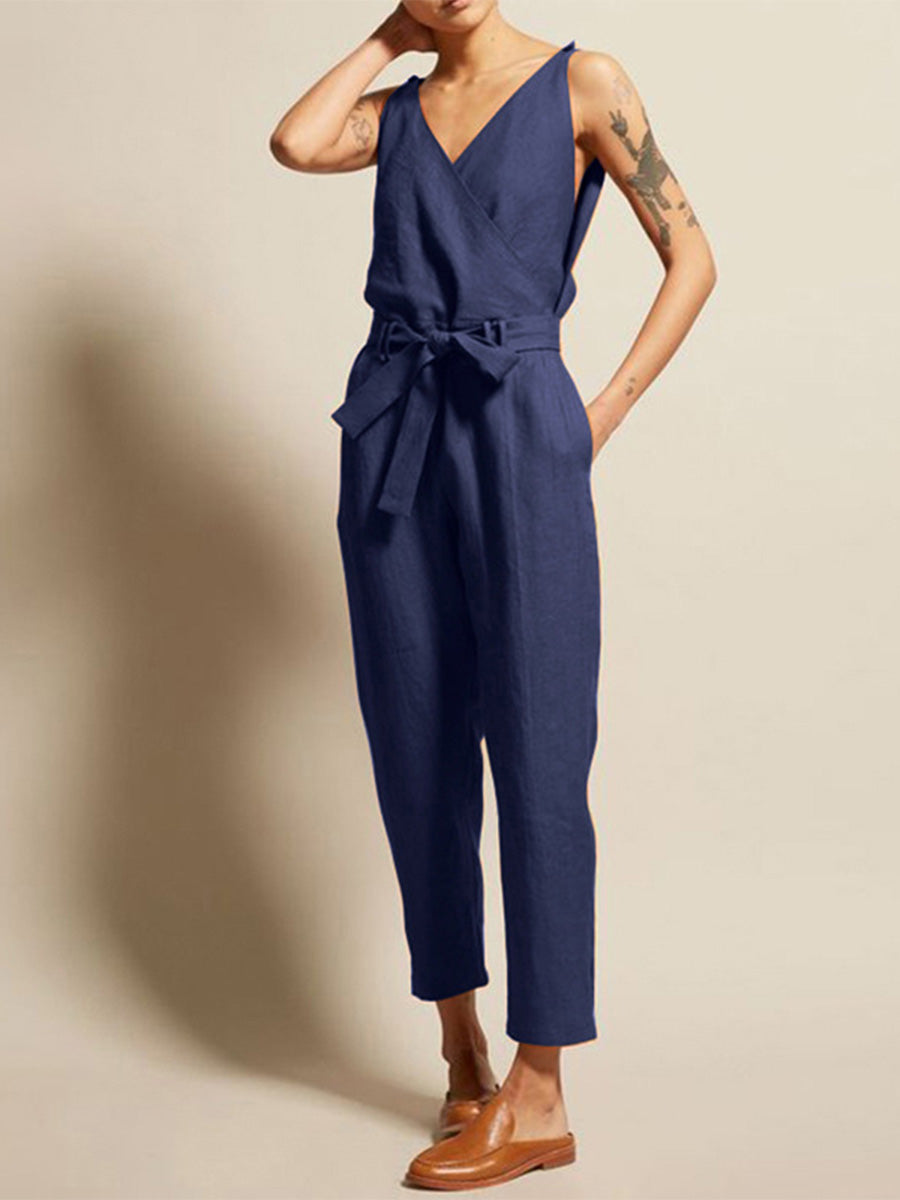 V-neck Casual Jumpsuit With Belt