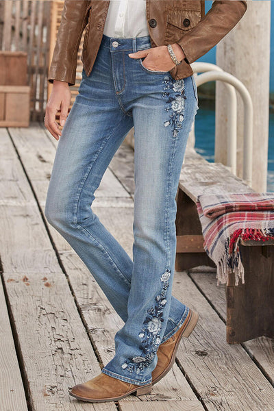 Floral Hand Embroidery Mid Waist Bootcut Jeans