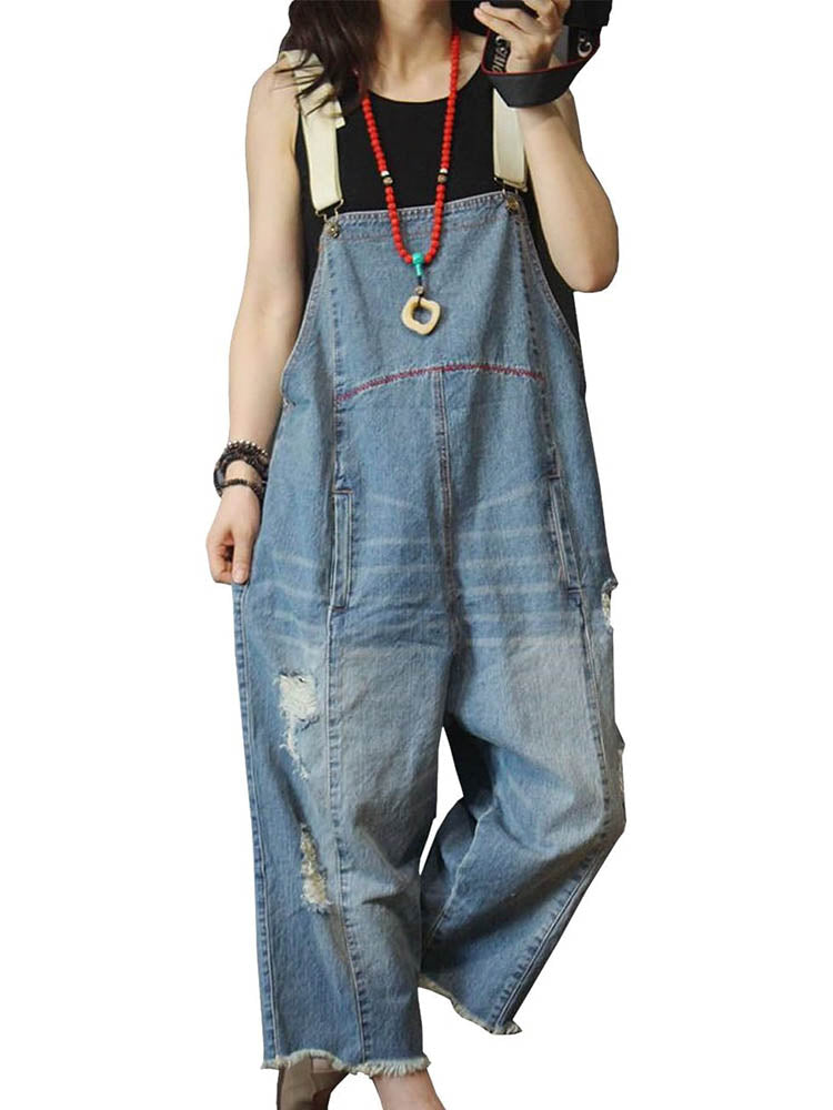 Women's Relaxed Fit Denim Ripped Wide Leg Overalls