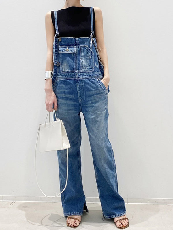 Double-Strap Denim Overalls with Side Bottom Splits