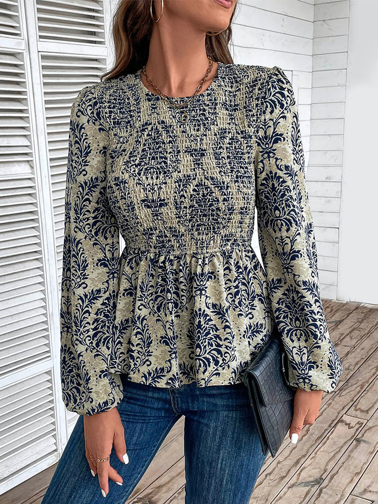Haut péplum smocké à imprimé floral pour femme