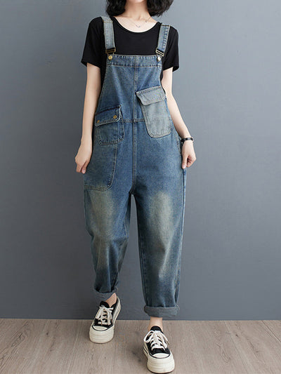 Women's Contrast Washed Denim Overalls