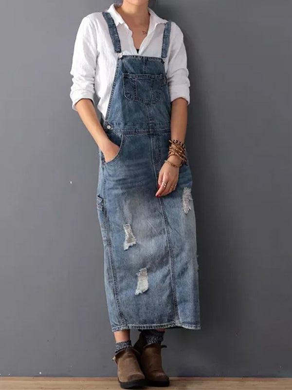 Robe salopette en jean vieilli avec fente dans le dos