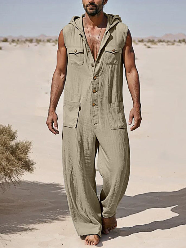 Men's Button Up Sleeveless Hooded Jumpsuit