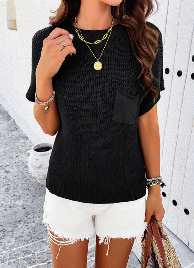 Casual Pocket Knit Tee – Short Sleeve Sweater Top