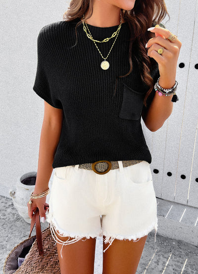 Casual Pocket Knit Tee – Short Sleeve Sweater Top