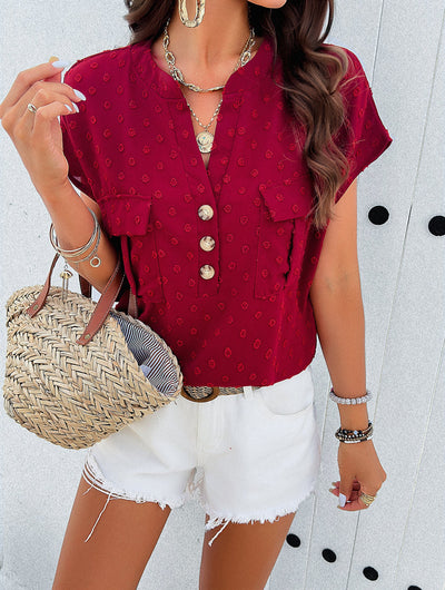 Textured Dot Short Sleeve Blouse with Front Pockets