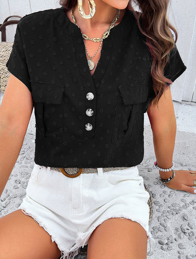 Textured Dot Short Sleeve Blouse with Front Pockets