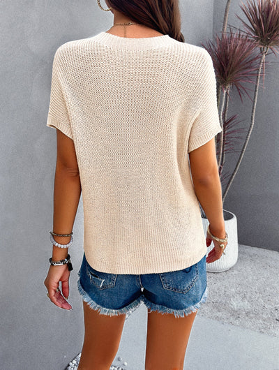 Casual Pocket Knit Tee – Short Sleeve Sweater Top