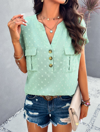 Textured Dot Short Sleeve Blouse with Front Pockets