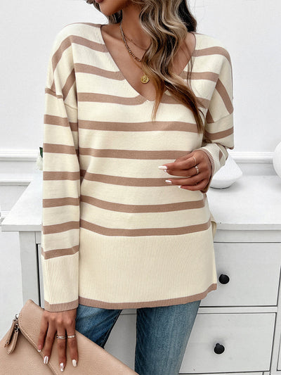 Striped V-Neck Knit Sweater