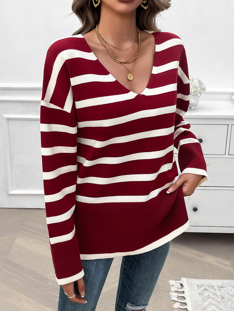 Striped V-Neck Knit Sweater