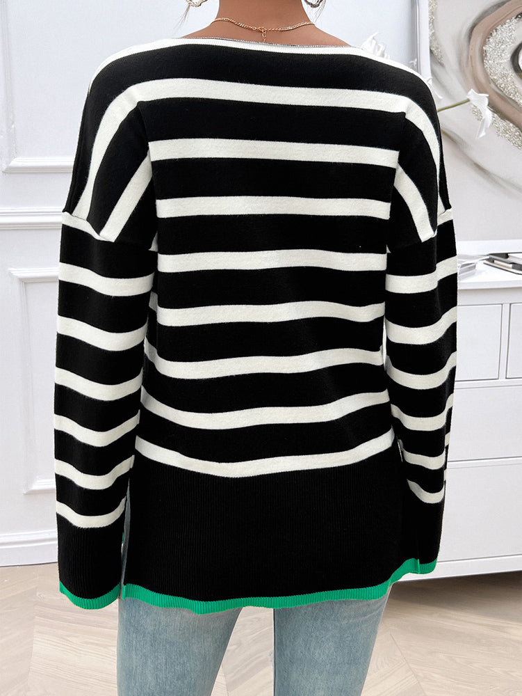 Striped V-Neck Knit Sweater
