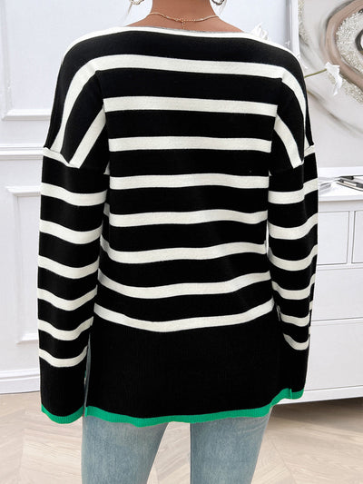 Striped V-Neck Knit Sweater