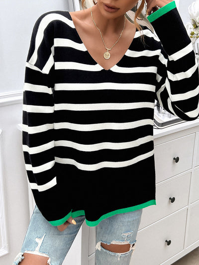 Striped V-Neck Knit Sweater