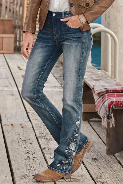 Floral Hand Embroidery Mid Waist Bootcut Jeans