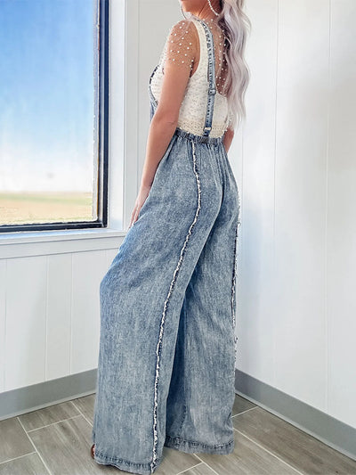 Women's Washed Frayed Wide-Leg Denim Overalls
