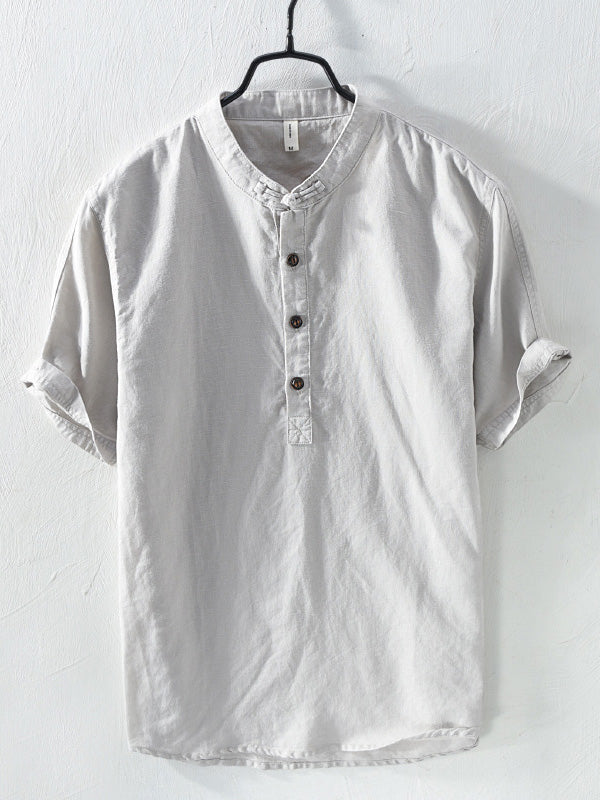 Men's Cotton And Linen Blended Stand Collar Short-sleeved T-shirt