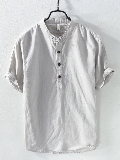 Men's Cotton And Linen Blended Stand Collar Short-sleeved T-shirt