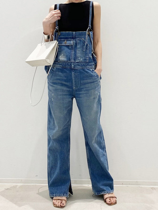 Double-Strap Denim Overalls with Side Bottom Splits