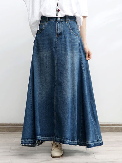 A-Line Flared Denim Maxi Skirt