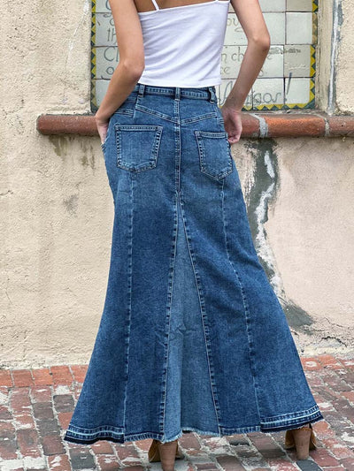 Jupe longue en jean extensible et amincissante à coupe trapèze