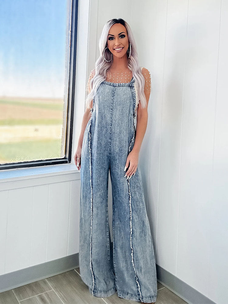 Women's Washed Frayed Wide-Leg Denim Overalls