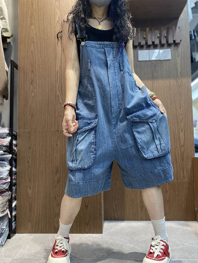 Sloppy Overall Shorts Women's Washed Cargo Denim Dungarees