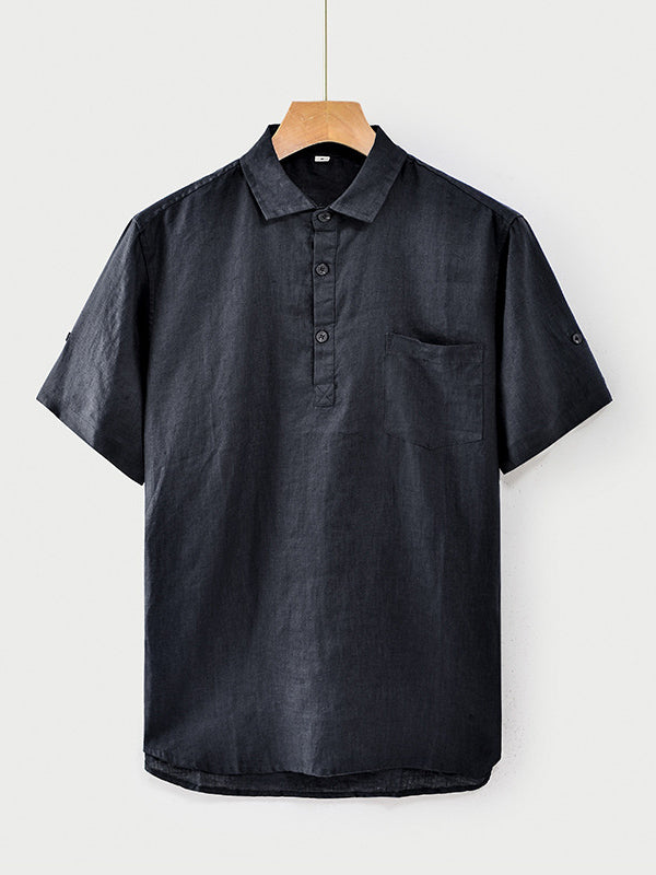 Men's Solid Color 100% Linen Short Sleeve Polo Shirt