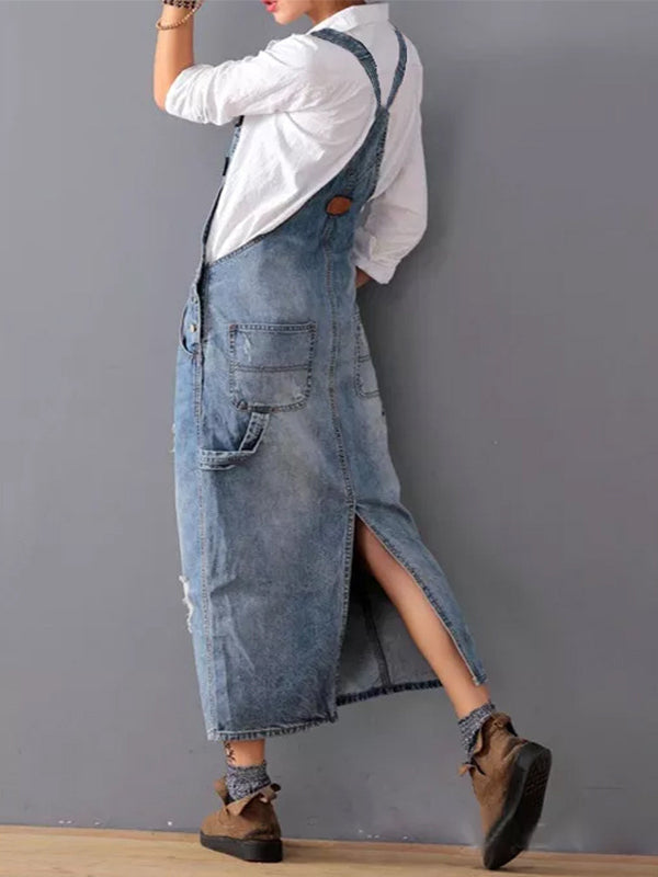 Back Slit Distressed Denim Overalls Dress